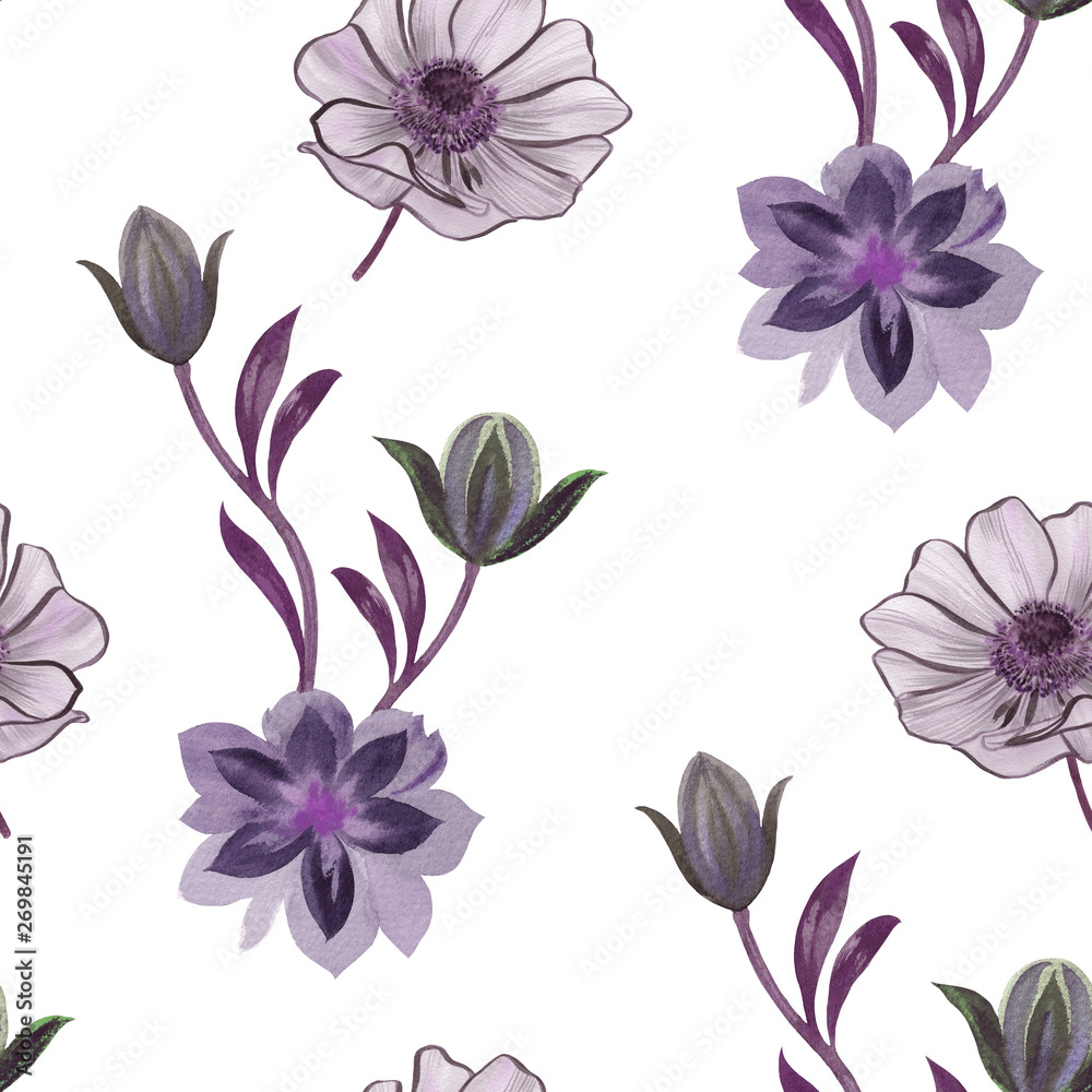 Seamless watercolor flowers pattern. Hand painted flowers on a white background. Flowers for design. Ornament flowers. Seamless botanical watercolor exotic floral pattern.
