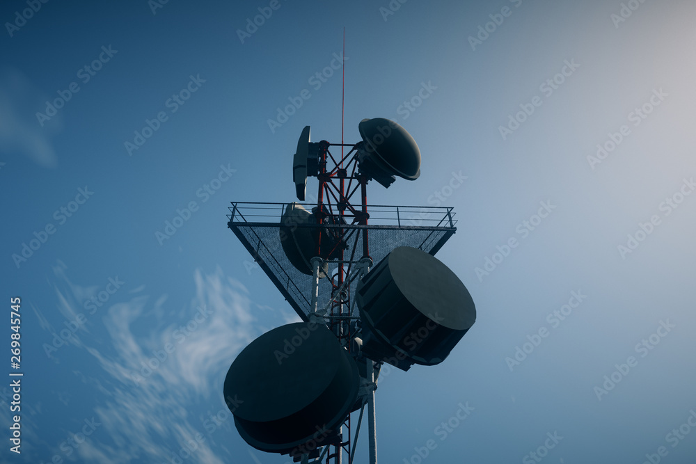 5G Telecommunication Tower under Blue Sky 3D Illustration