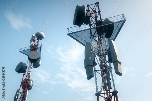 Photography 5G Telecommunication Tower under Blue Sky 3D Illustration