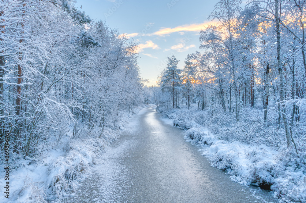Fototapeta premium Ethereal snow forest and a river