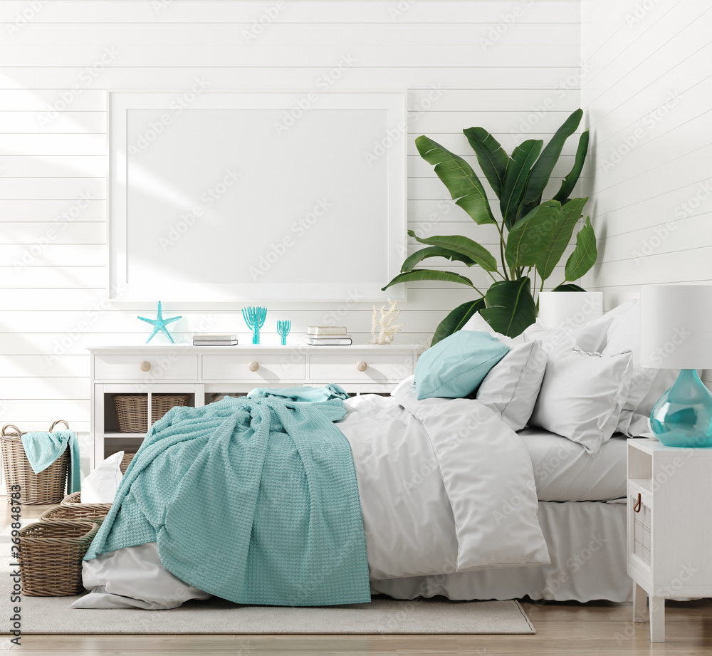Mock up frame in bedroom interior, marine room with sea decor and  furniture, Coastal style, 3d render Stock Illustration | Adobe Stock