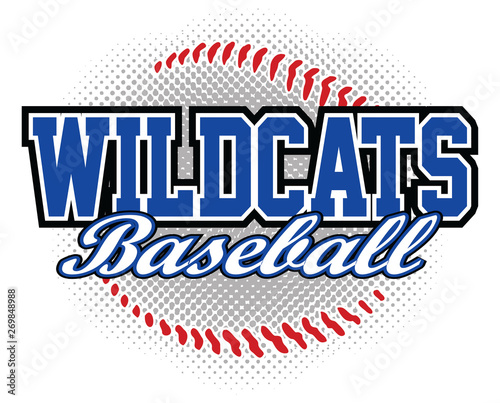 Wildcats Baseball Design is a wildcats mascot design template that includes team text and a stylized softball graphic in the background. Great for team or school t-shirts, promotions and advertising. photo