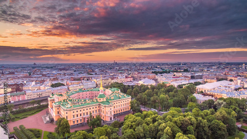 Saint-Petersburg. Russia. Panorama of St. Petersburg city at summer sunset. Engineering castle top view. Mikhailovsky castle. Architectural monuments of Petersburg. Museums of St. Petersburg. 