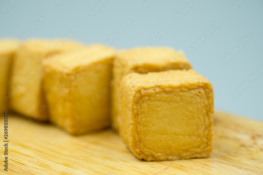Fish meat tofu, yellow meatball square shape. Fish meat tofu, yellow meatball square shape.