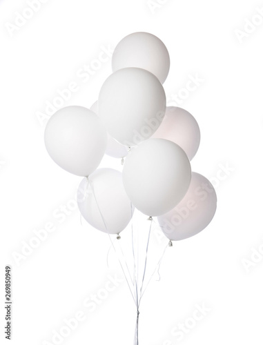 Bunch of blue latex white round balloons composition for birthday or valentines day party isolated