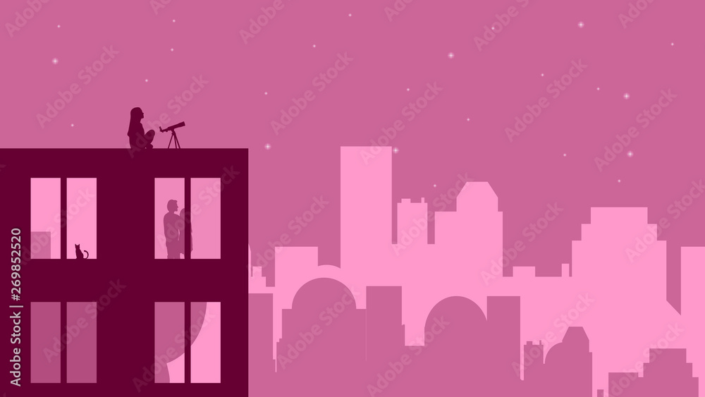 Night city on the rose pink background vector illustration