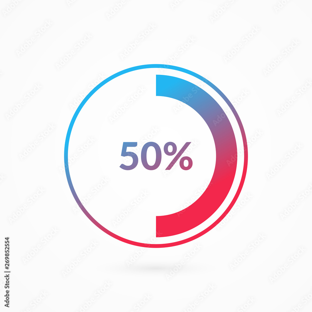 50% blue and red gradient pie chart sign. Percentage vector infographic symbol. Fifty percent circle diagram isolated, illustration for business, download, web icon, design