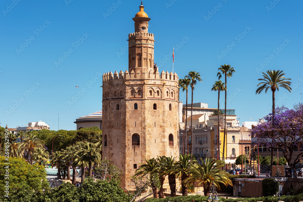Torre del Oro Gold Tower medieval landmark from early 13th century in Seville, Spain, Andalusia region .