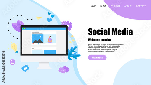 Web template with Social media concept with photo content, like and comment. Vector flat illustration