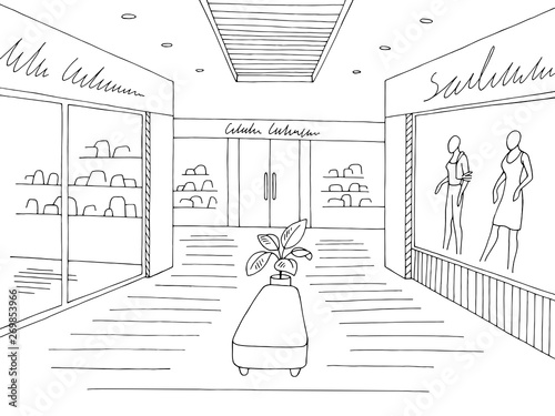 Shopping mall graphic black white interior sketch illustration vector