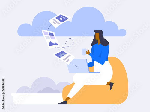 Cloud Backup. Man with laptop. Network cloud service.