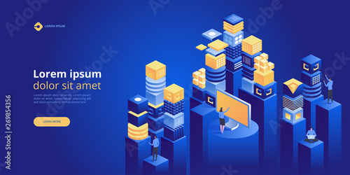 Big data flow processing concept, cloud database, isometric vector