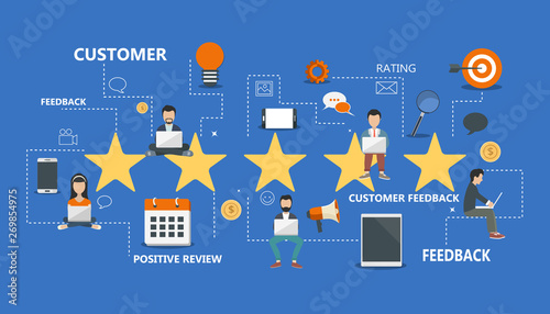 Concept of feedback, testimonials messages and notifications. Rating on customer service illustration. Five big stars with people sitting on them and giving reviews on their lap tops. Flat vector