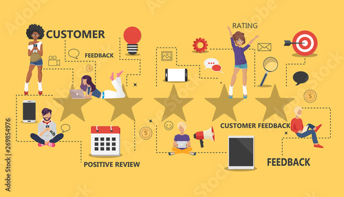 Concept of feedback, testimonials messages and notifications. Rating on customer service illustration. Five big stars with people sitting on them and giving reviews on their lap tops. Flat vector