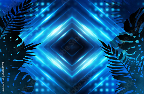 Fototapeta Naklejka Na Ścianę i Meble -  Background of empty dark scenes with neon lights and shapes, smoke. Silhouettes of tropical palm leaves in the foreground. Bright futuristic abstract background