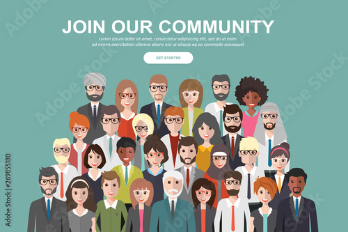 Join our community. Crowd of united people as a business or creative community standing together. Flat concept vector website template and landing page design for invitation to summit or conference