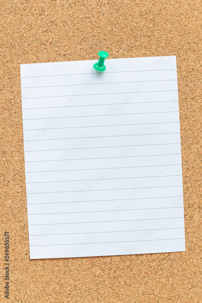 Cork memory board with pinned blank piece of paper, notes, bulletin