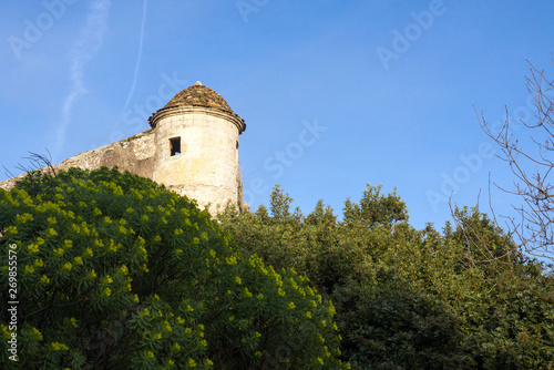 Fort du Mont Alban. Tower of famous fortress against blue sky, nice, france. Strengthen the protection of Nice from pirates and the Turkish fleet.