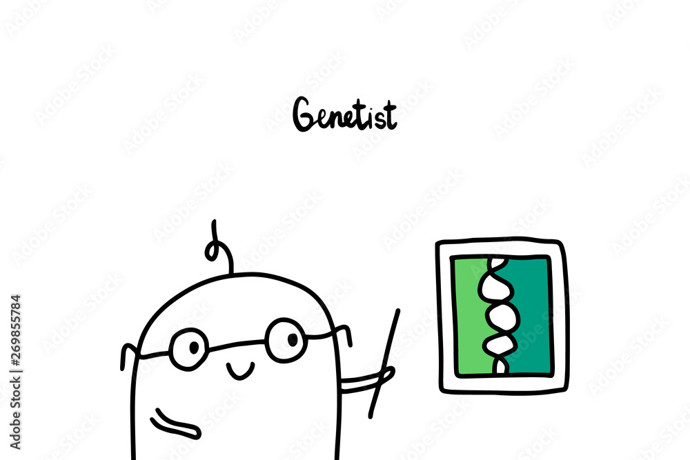 Fototapeta premium Genetist hand drawn vector illustration in cartoon style. Doctor men and spiral