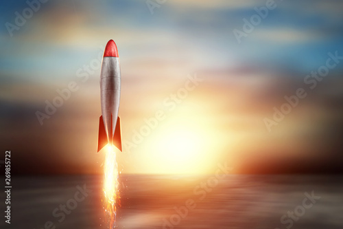Fototapeta Naklejka Na Ścianę i Meble -  Creative background, rocket takes off. Super fast delivery, cool service, online shopping, space, satellites. Copy space, Mixed media