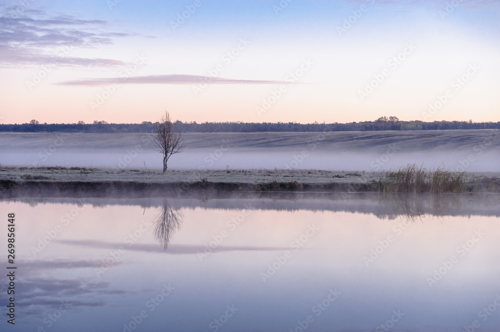 Fototapeta premium Dawn over the river on a summer morning, fog over the field, grass with hoarfrost