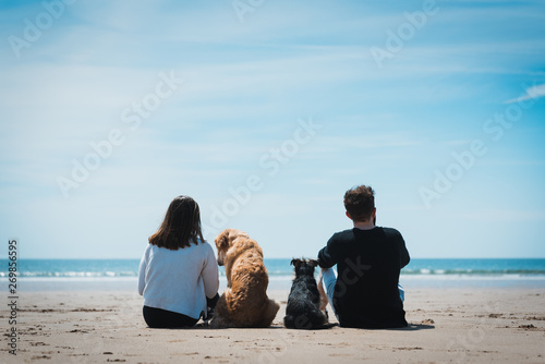 Happy couple relaxing on sandy beach, looking towards the sea with two cute pet dogs