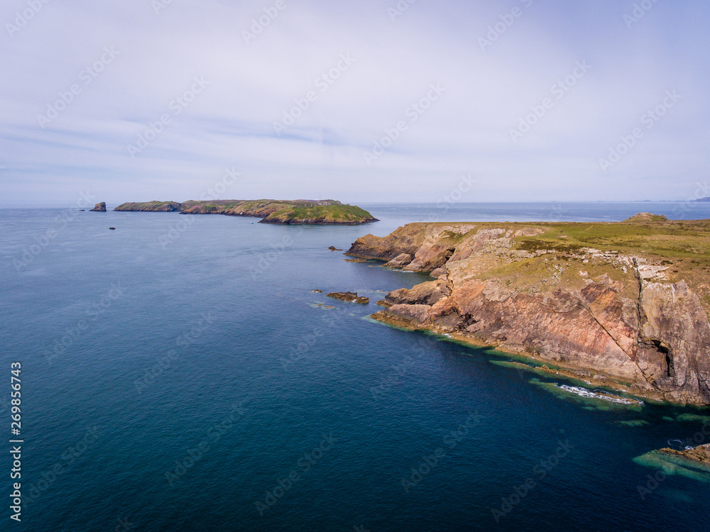 Fototapeta premium The end of the Welsh coastline, Deer Park, Marloes Beach, Haverfordwest, Wales Drone Aerial Photo