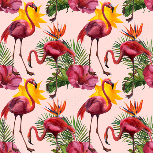 Watercolor tropical wildlife, flamingo bird, seamless pattern. Hand Drawn jungle nature, flowers illustration. Print for textile, cloth, wallpaper, scrapbooking