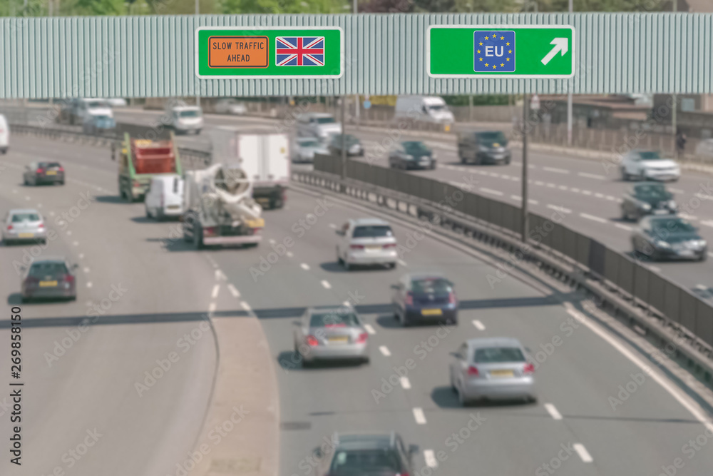 Abstract road sign with flag of European Union and UK BREXIT in two directions Abstract road sign with flag of European Union and UK BREXIT in two directions
