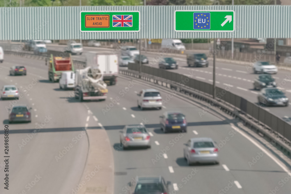 Abstract road sign with flag of European Union and UK BREXIT in two directions