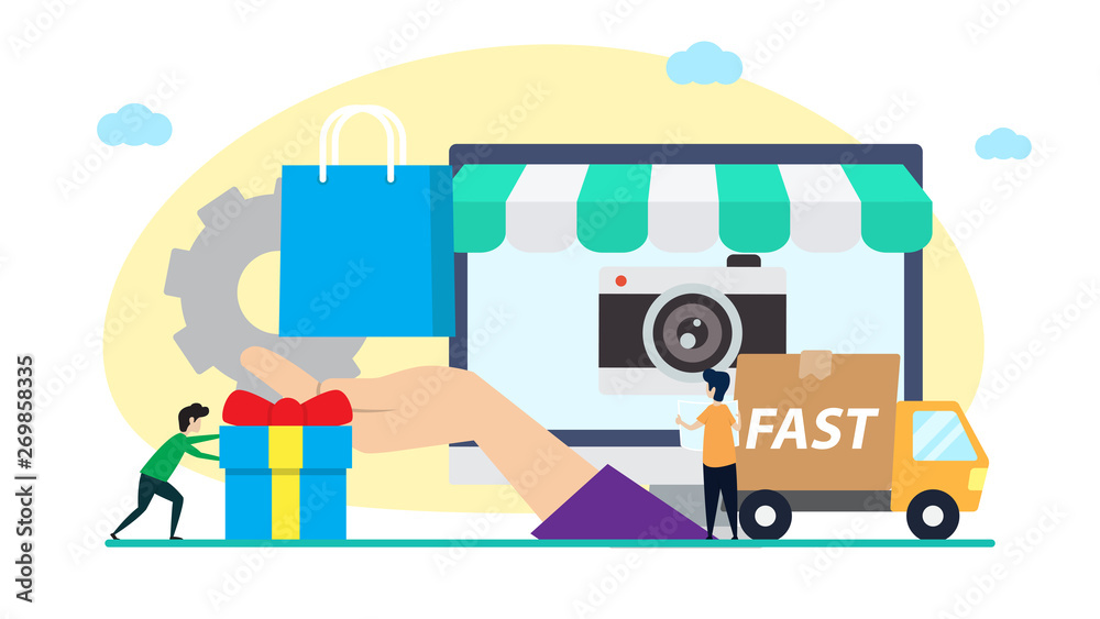 online shop creative illustration vector of graphic , small people business online shopping illustration vector , business online vector , vector flat illustration