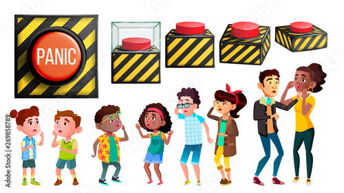 Panic Characters People And Red Button Set Vector. Different Size And View Alarm Danger Knob, Multiethnic Scared, Panic And Stressed Children And Adult Person Group. Design Flat Cartoon Illustration