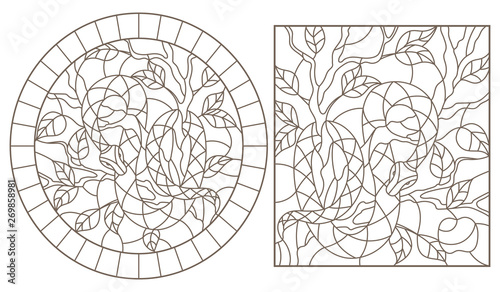 Set of contour illustrations of stained-glass windows with snakes on trees , dark contour on white background