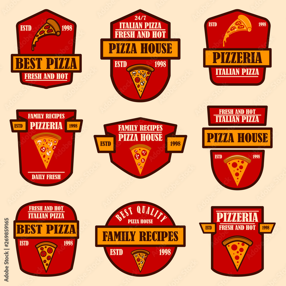 Set of pizzeria emblems. Design element for logo, label, sign, poster., flyer. Vector illustration