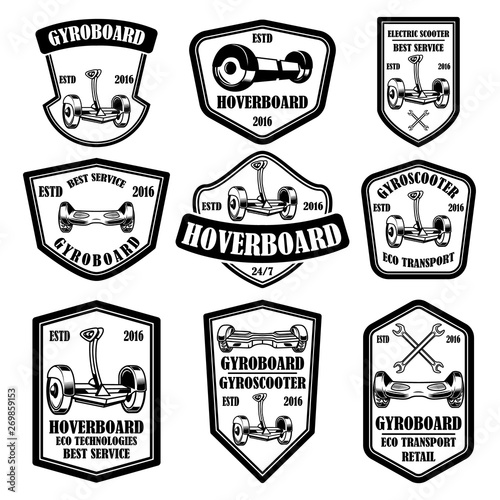 Set of gyro scooter emblems. Design elements for logo, label, sign, poster, card. Vector illustration