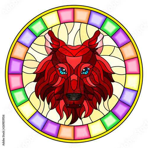 The illustration in stained glass style painting with a red wolf head , a circular image with bright frame