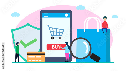 online shop creative illustration vector of graphic , small people business online shopping illustration vector , business online vector , vector flat illustration