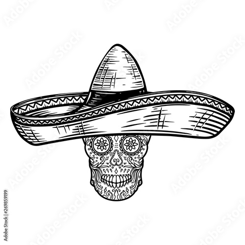 Mexican sugar skull in sombrero. Day of the dead theme. Design element for poster, t shirt, emblem, sign.