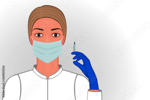 Vector illustration woman-doctor in medical mask keeping syringe in hand in glove. For medical publications, immunization and vaccination  campaign  of people  against infection and bacterial disease.