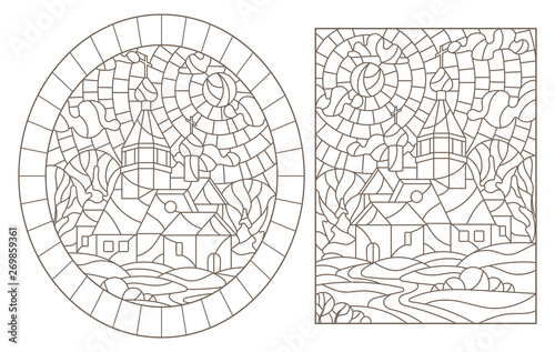 Set of contour illustrations of stained glass Windows with temples on the background of landscapes , dark contours on a white background