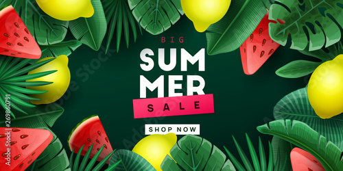 Summer sale background with tropical fruits and palm leaves. Vector illustration