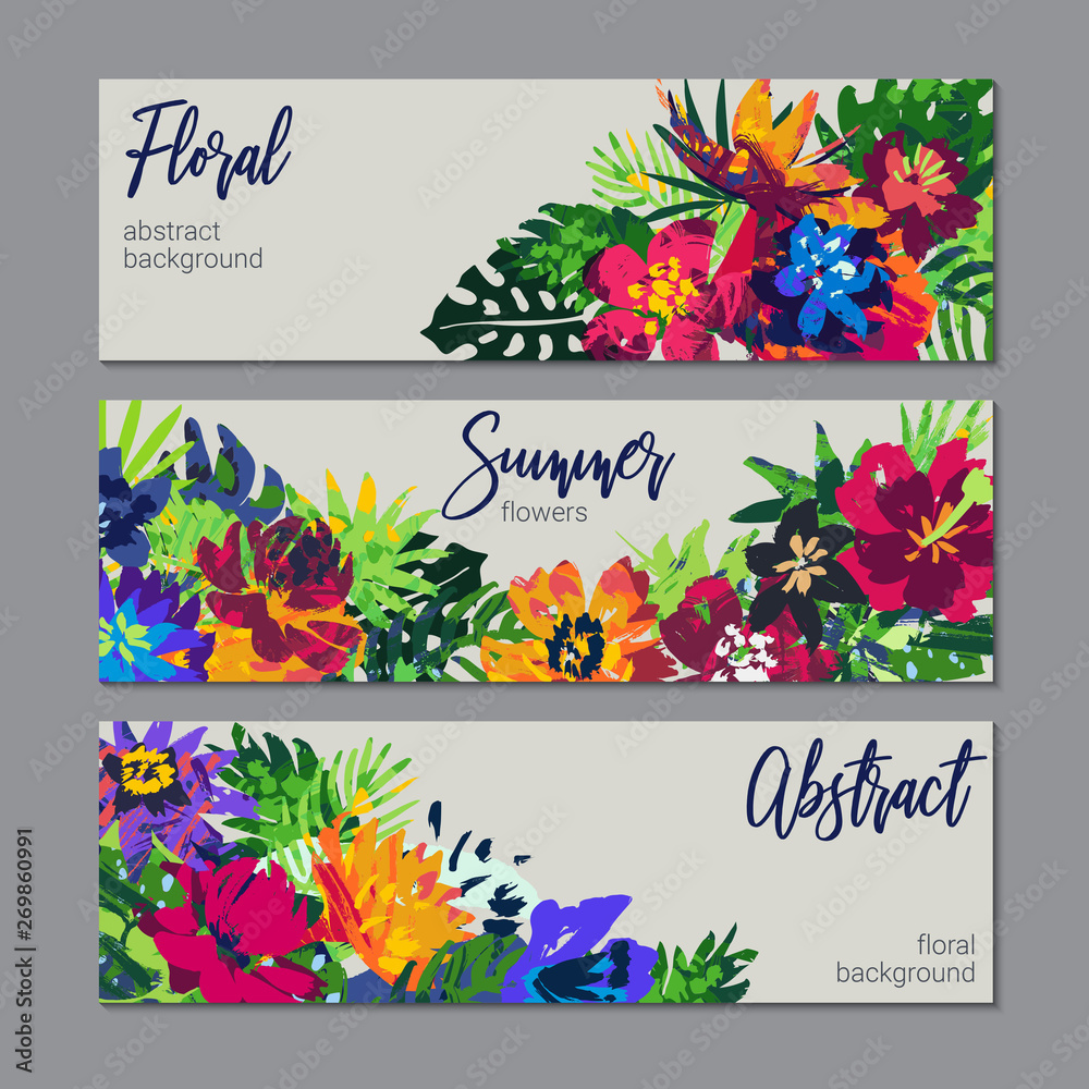 Vector collection of tropical plants and flowers bouquets and hand painted texture