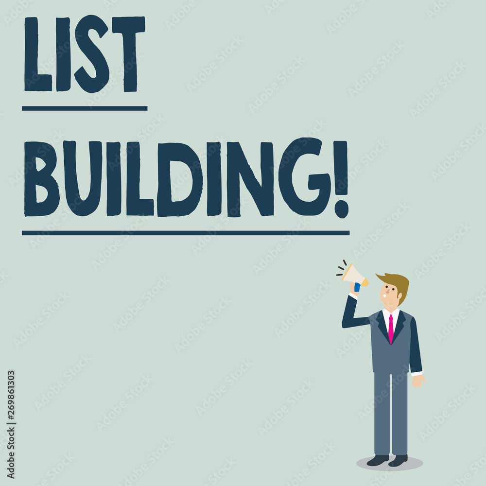 Conceptual hand writing showing List Building. Concept meaning database of showing you can contact with your marketing message Businessman Looking Up, Holding and Talking on Megaphone Conceptual hand writing showing List Building. Concept meaning database of showing you can contact with your marketing message Businessman Looking Up, Holding and Talking on Megaphone