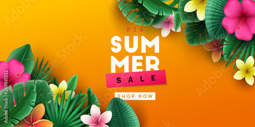 Summer sale background with tropical flowers and palm leaves. Vector illustration