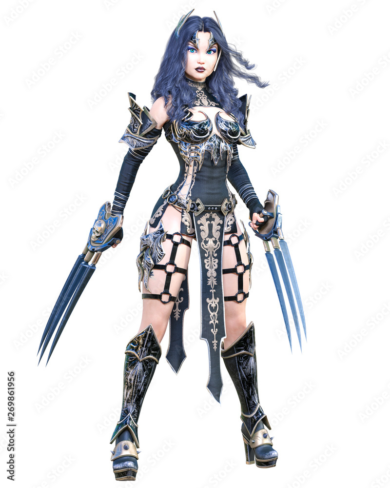 Warrior amazon woman sword and metal blade.Long dark hair.Elven warrior.Comic hero.Muscular athletic body.Girl standing aggressive pose.Conceptual fashion art.3D rendering isolate illustration Warrior amazon woman sword and metal blade.Long dark hair.Elven warrior.Comic hero.Muscular athletic body.Girl standing aggressive pose.Conceptual fashion art.3D rendering isolate illustration