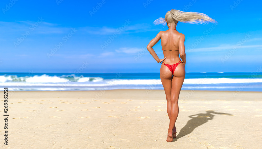 3D beautiful sun-tanned woman swimsuit bikini on sea beach. Summer rest. Blue ocean background. Sunny day. Conceptual fashion art. Seductive candid pose. Realistic render illustration.