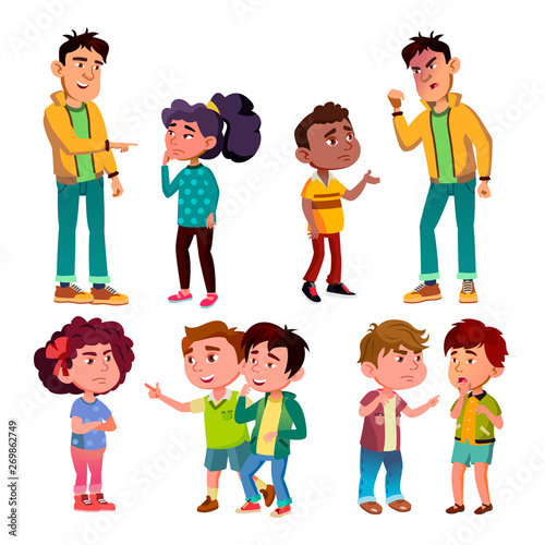 Sad And Angry Victim Character Boy And Girl Vector. Teenager Boy Laughing And Swear On Victim Kids, Children Trolling Abusive Classmate. Social Bullying Concept Flat Cartoon Illustration