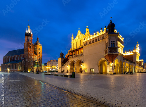 Krakow. St. Mary's Church and market square at dawn.