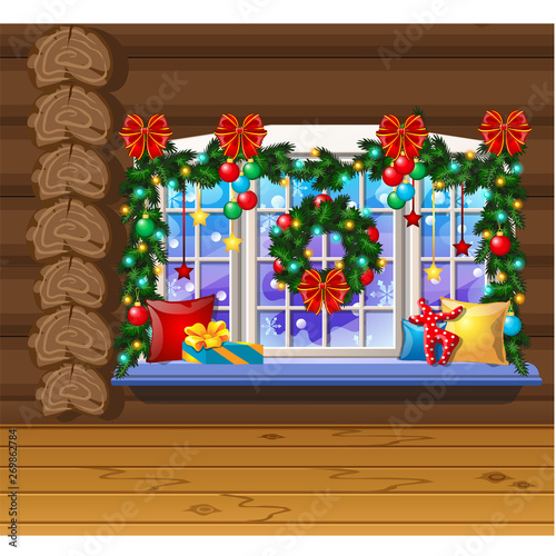 Inside the old cozy wooden village house. Home furnishings. Christmas decorations, baubles, gift boxes. Sample of poster, party holiday invitation, festive card. Vector cartoon close-up illustration.