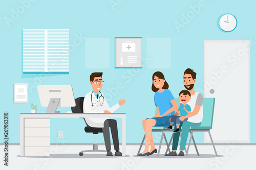 Medical concept with doctor and patients in flat cartoon on hospital hall